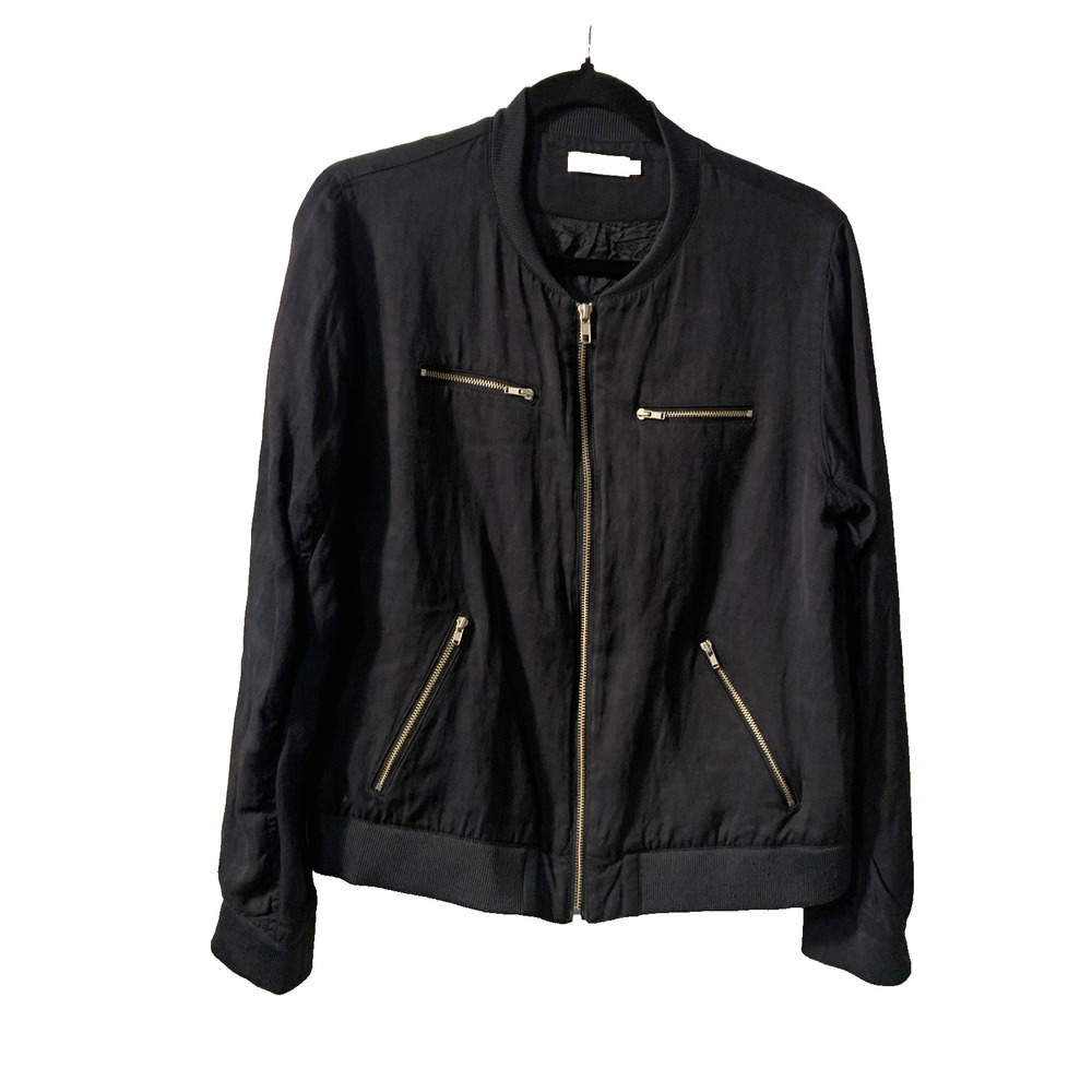 WERA Stockholm Women's Viscose Linen Bomber Jacket Size 40 10 US Navy Blue Moto